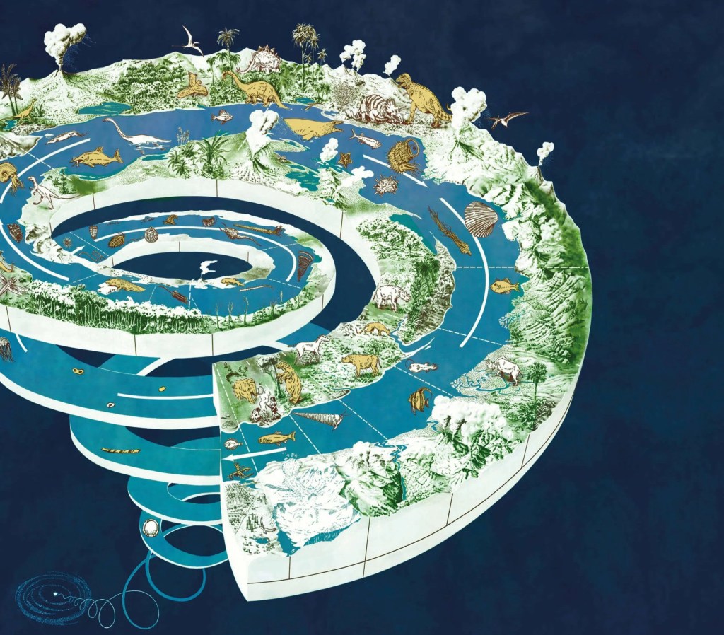 An illustration depicting the intricate spiral of water and plants intertwined within a geological rock formation on Earth.