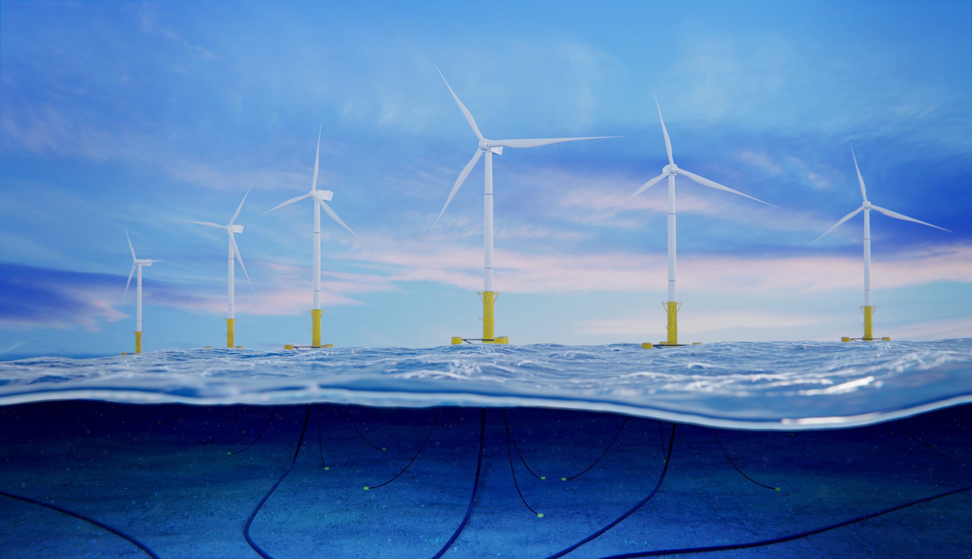 A transatlantic group of wind turbines in the ocean.