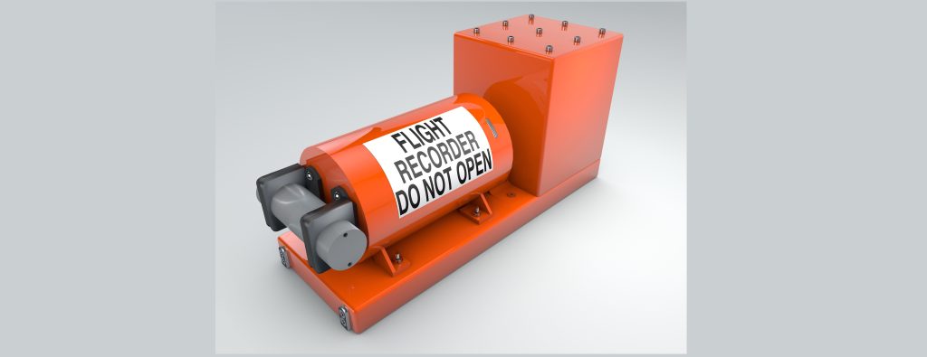 Orange aircraft flight recorder with a warning label, "flight recorder do not open," displayed on an isolated background.