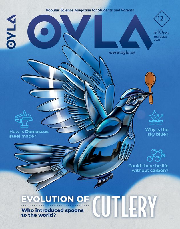 The cover of oyla magazine with an image of a bird flying.