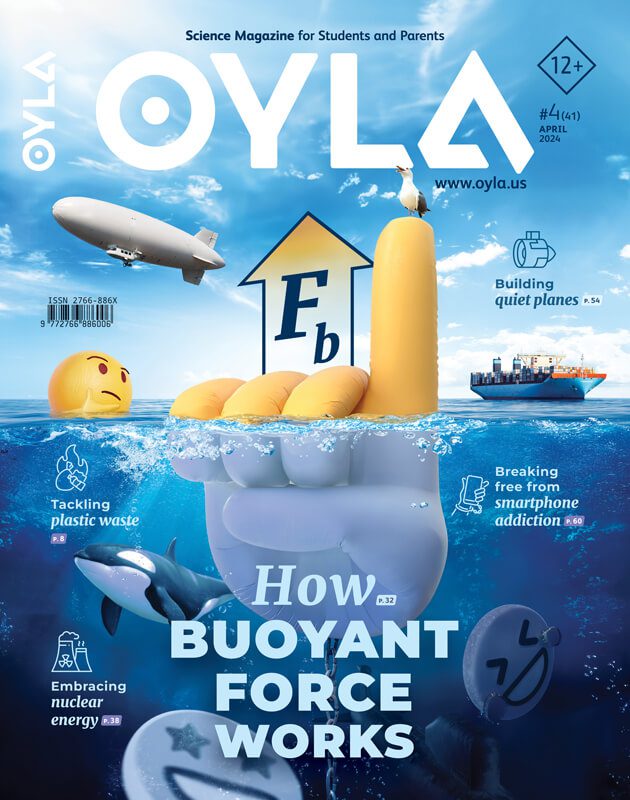 Illustration for an educational science magazine cover on buoyant forces, featuring various objects floating and submerged in water, with relevant topics highlighted.