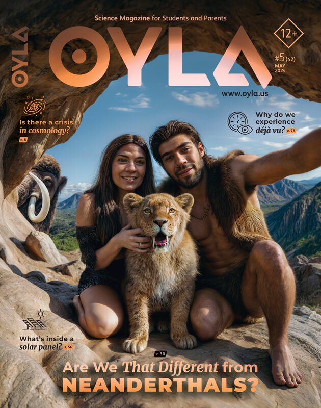 Couple holding a young lion smiles for the camera on the cover of oyla science magazine, with scenic mountains in the background and various article titles visible.