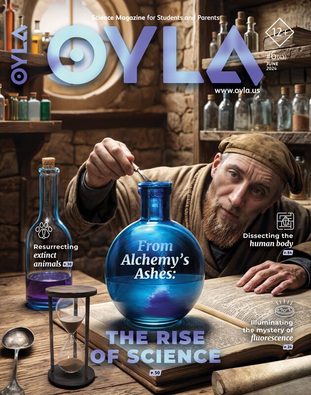 Cover of OYLA Magazine, June 2024 issue. Features a man in a historical outfit looking at a large blue glass bottle labeled "From Alchemy's Ashes: The Rise of Science." Various scientific topics are highlighted.