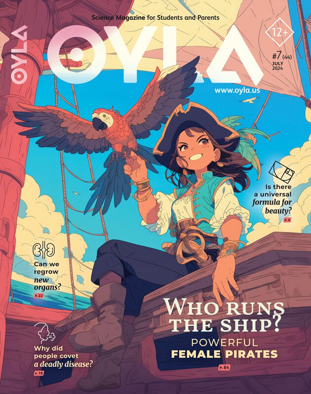 A magazine cover features an illustration of a female pirate holding a parrot on her arm. The headline reads, “Who runs the ship? Powerful female pirates.”.