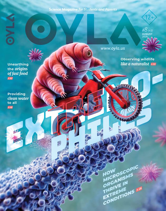 Cover of Oyla magazine issue #8, featuring a tardigrade riding a motorcycle among microorganisms. Headlines include topics on fast food history, clean water access, and microscopic life in extreme conditions.