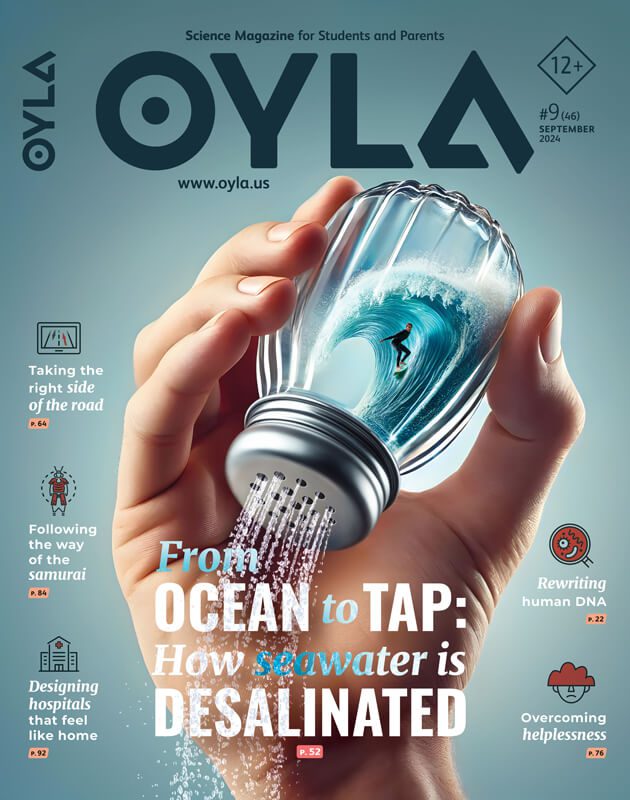 Cover of OYLA magazine's September 2022 issue, featuring a hand holding a lightbulb pouring water, with text "From Ocean to Tap: How seawater is desalinized" and various article titles.