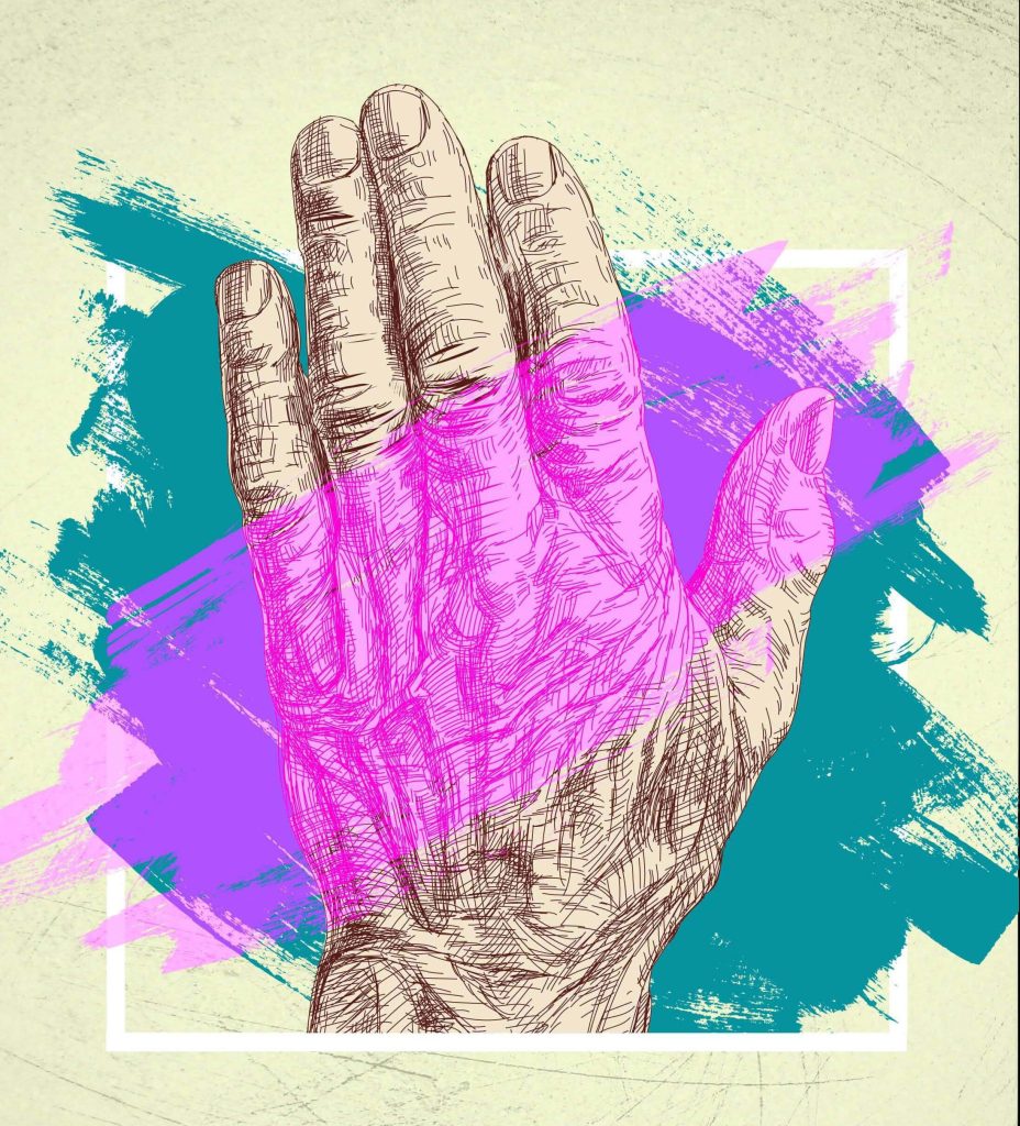 A symptom of Matthew's brain disease is an old man's hand with pink paint on it.