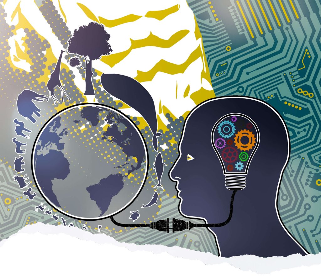 An illustration of a man with a globe in his head and a light bulb in his head, representing the fusion of bionics and creativity.