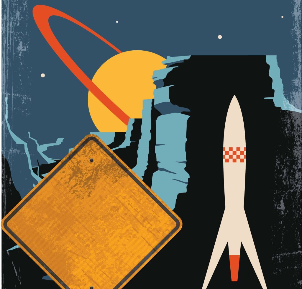 A poster exploring the stagnancy of the aerospace industry through a rocket and sign.