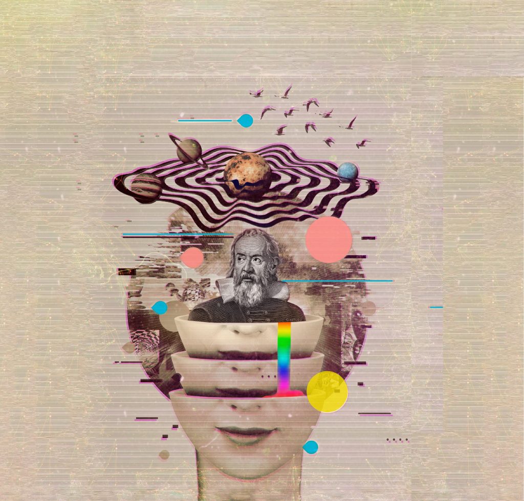 An image of a man with a hat on his head demonstrating physics.