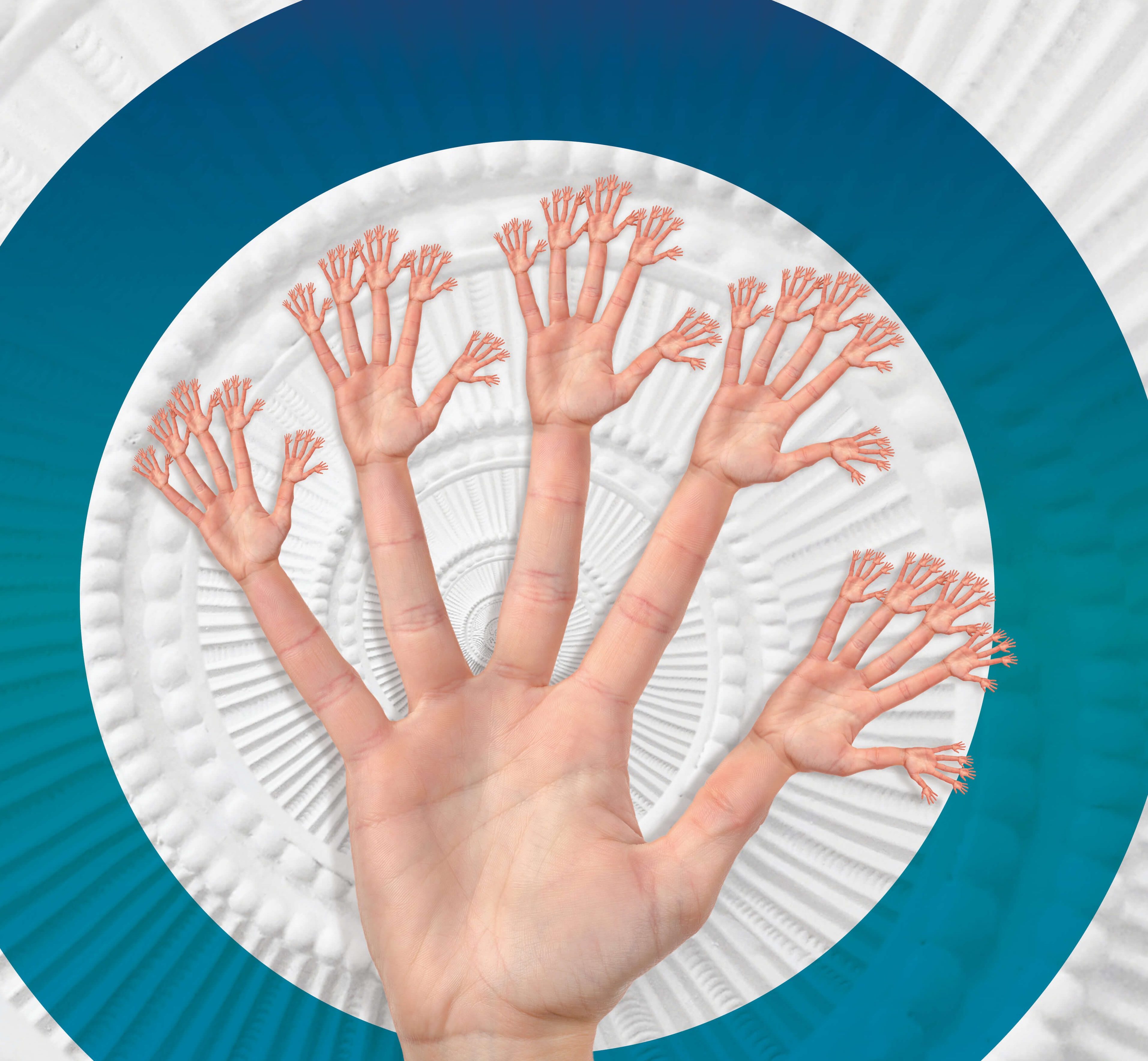 A fractal-like hand with multiple fingers resembling snowflake formations.
