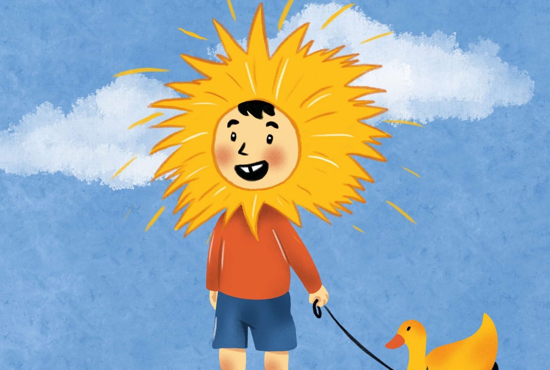 A cartoon illustration of a boy with special needs walking a duck on a leash.