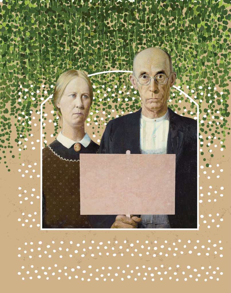 A nature-themed painting of an old man and woman holding a sign.