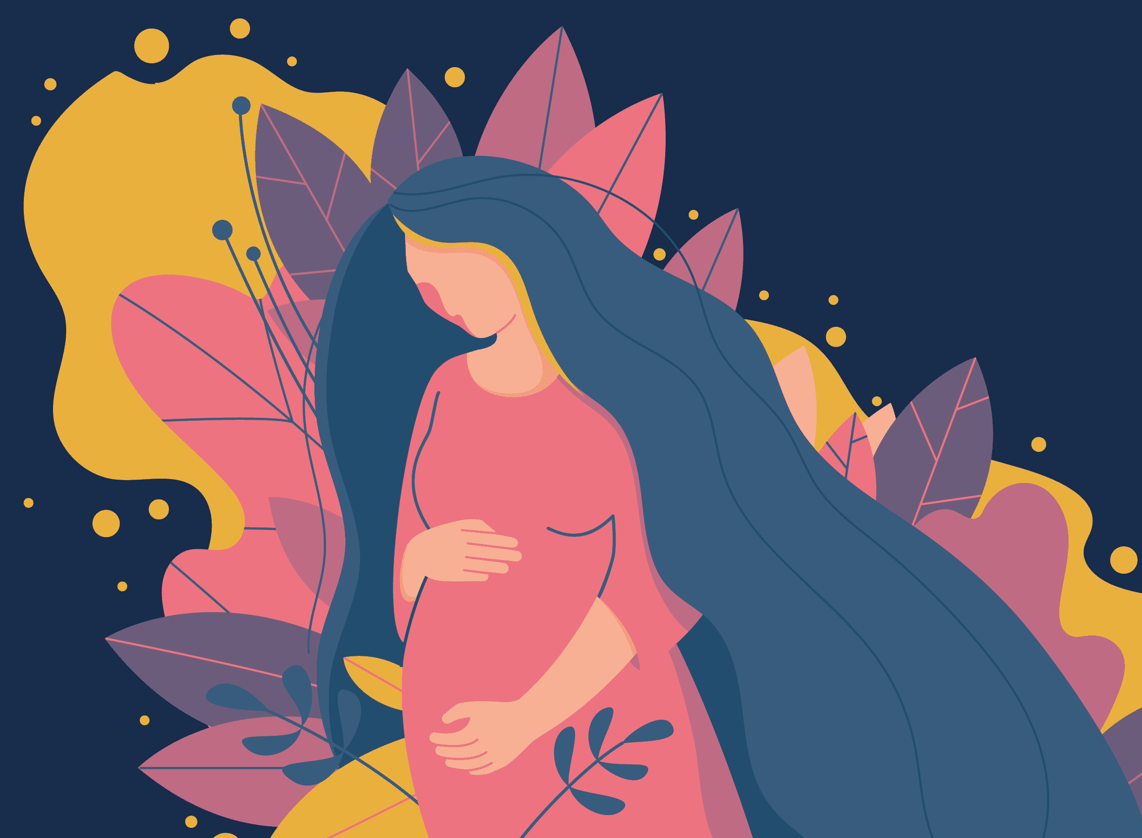 A pregnant woman with long hair and leaves, waiting for her unborn child to be born.