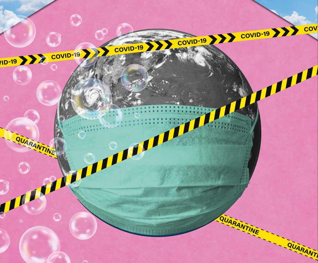 A pink globe with a protective surgical mask on it, representing the global impact of the Coronavirus pandemic.