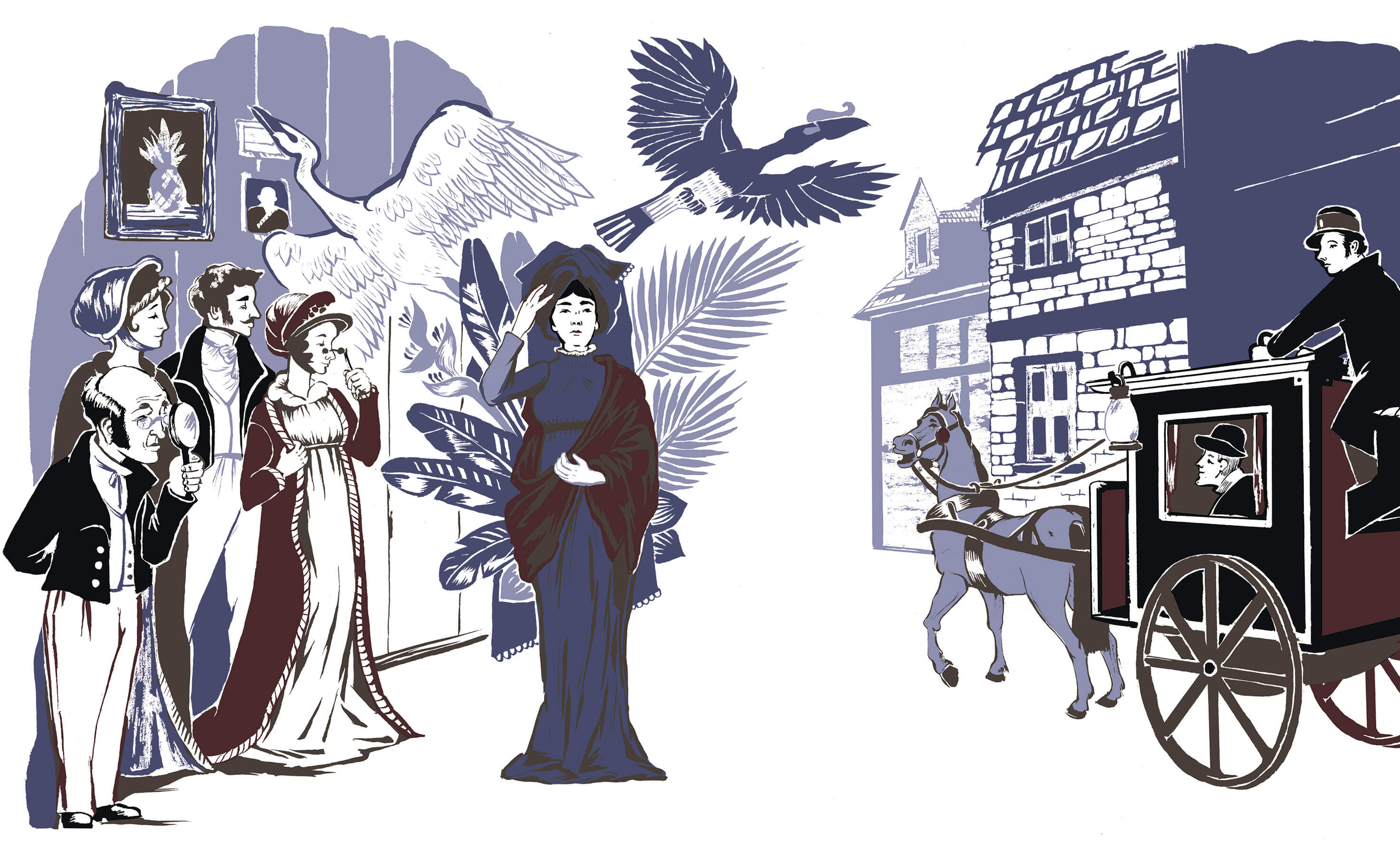 An illustration of a carriage with people in it.