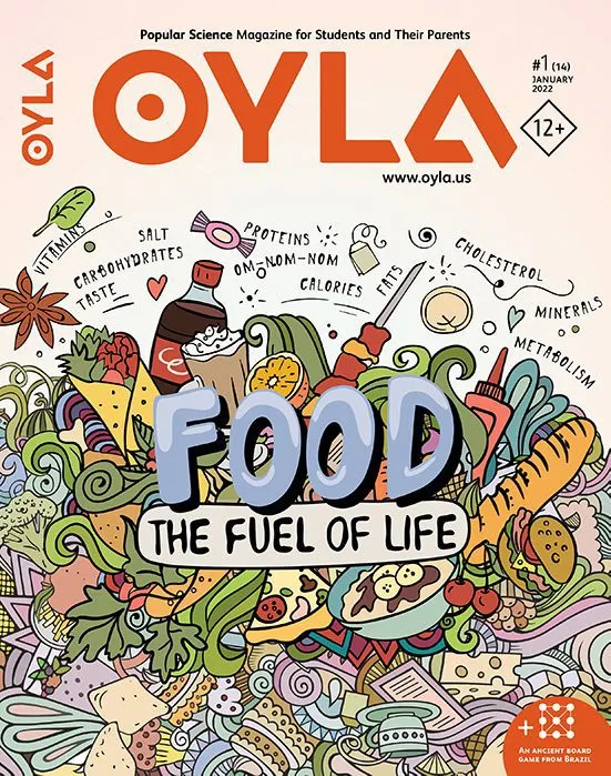 Cover of OYLA Youth Science magazine's January 2022 issue titled "FOOD The Fuel of Life," featuring an illustrated assortment of food items and nutritional information | Environmental science journal for teens OYLA