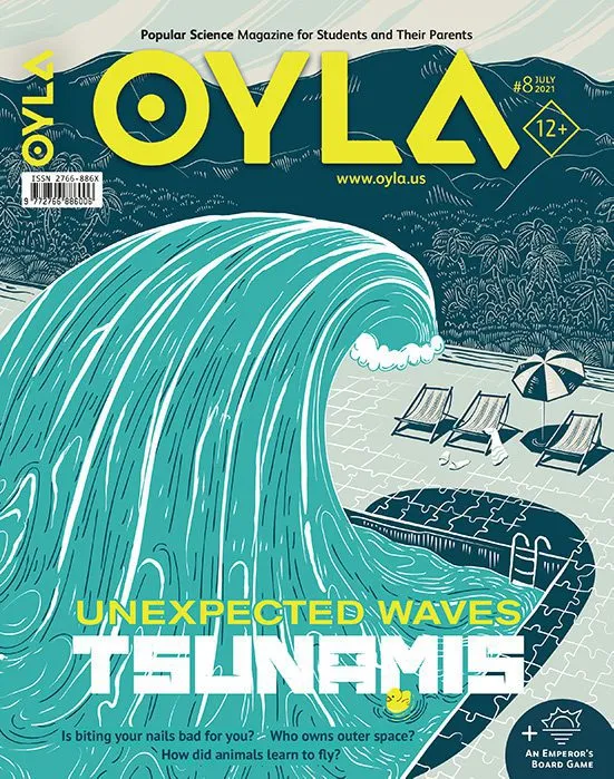 Cover of OYLA magazine issue #8, July 2021, featuring a large wave about to crash over a swimming pool, with the headline "Unexpected Waves: Tsunamis" and additional articles listed below. Perfect for those looking for engaging science magazines for teens.