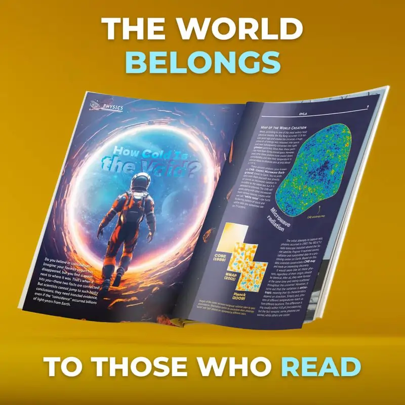 An open magazine featuring a cosmic-themed page with an astronaut and statistical graphics. The cover text reads, "The world belongs to those who read." The solid yellow background highlights it as the Best Science Magazine for Middle School students.