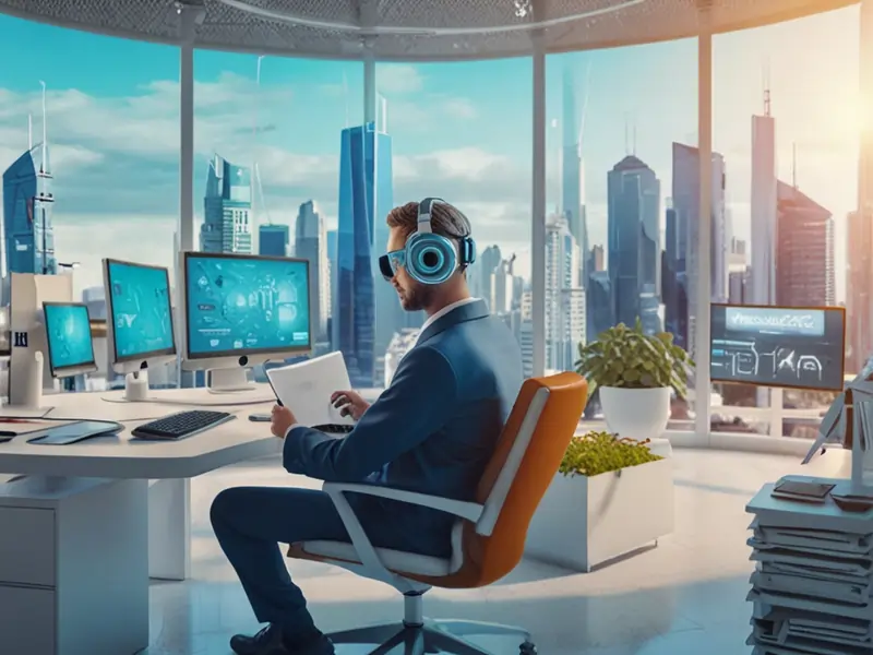 A person wearing headphones sits at a desk with multiple computer screens displaying data, embodying the STEM careers of the future, in a modern office with a cityscape view.