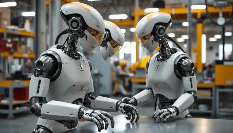 Three humanoid robots collaborate seamlessly in an industrial setting, surrounded by vibrant yellow equipment and focused workers. This dynamic scene highlights the exciting STEM careers of the future, where innovation and technology converge to transform industries.