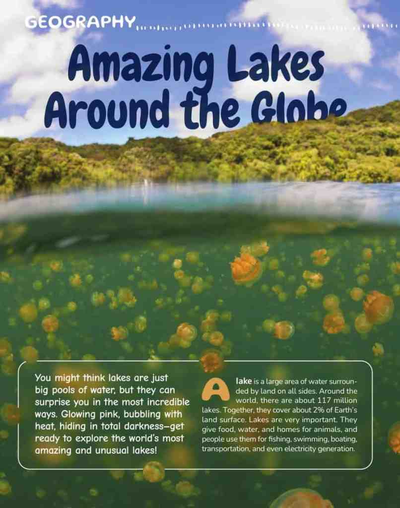 Opening page of “Amazing Lakes Around the Globe” in OYLA Junior #12