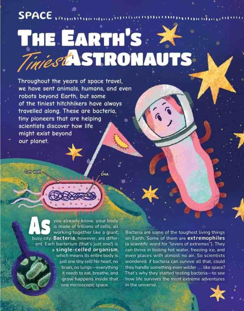 Opening page of “The Earth's Tiniest Astronauts” in OYLA Junior #11