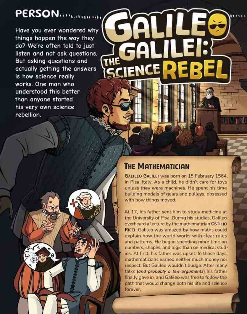 Opening page of “Galileo Galilei: The Science Rebel” in OYLA Junior #12