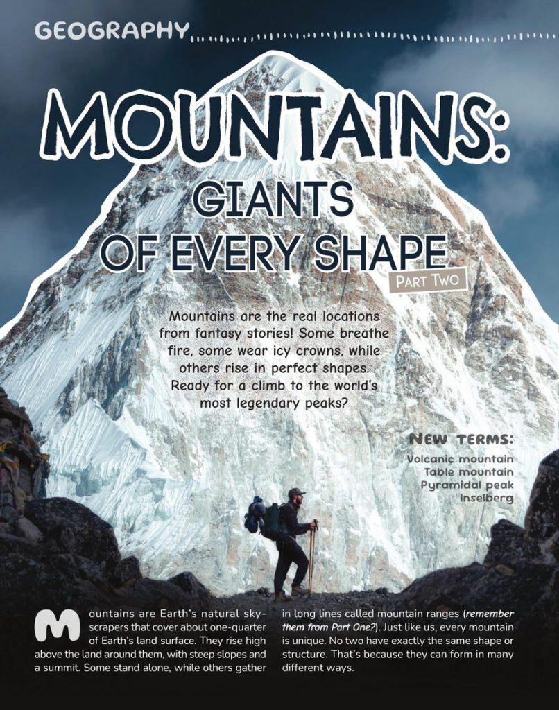Opening page of “Mountains: Giants of Every Shape” in OYLA Junior #15 (October 2026)
