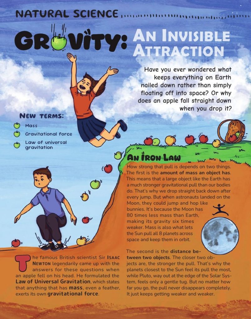 Opening page of “Gravity: An Invisible Attraction” in OYLA Junior #15 (October 2026)
